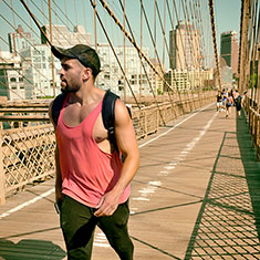 New York City Brooklyn Bridge Man walking